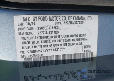 2000 Mercury Grand Marquis Gs from USA, damaged, VIN 2MEFM74W7YX631796